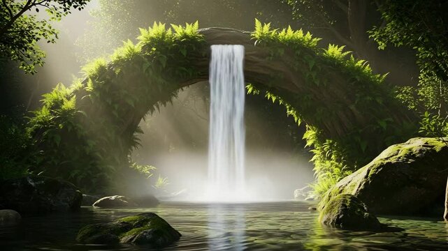A serene waterfall cascades through a lush, green archway in a tranquil forest