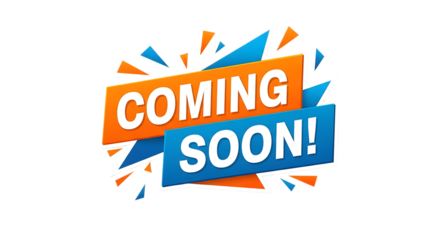 Dynamic Orange and Blue "Coming Soon" Text, with bursting elements, isolated on white or transparent background, PNG