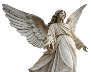 A beautiful marble sculpture of an angel with large wings, isolated on a transparent background