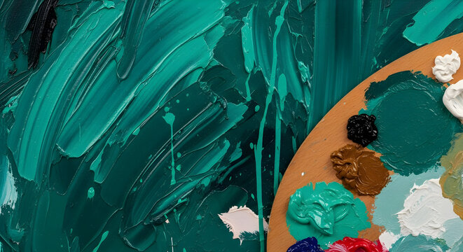 Deep teal paint strokes and artist palette with vibrant colors on wooden surface