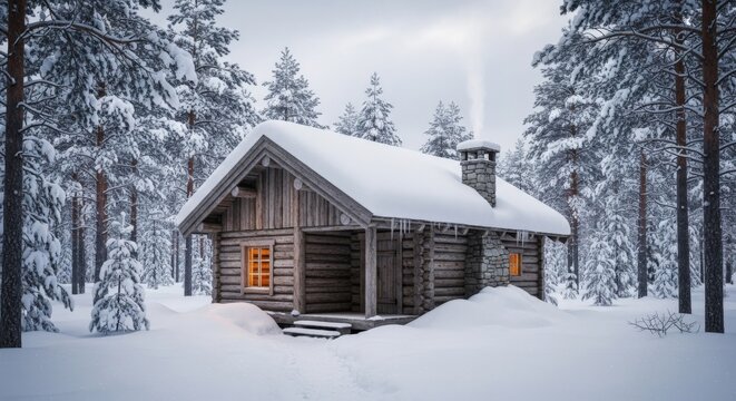 Cozy wooden cabin in a snowy forest with smoke coming from the chimney
