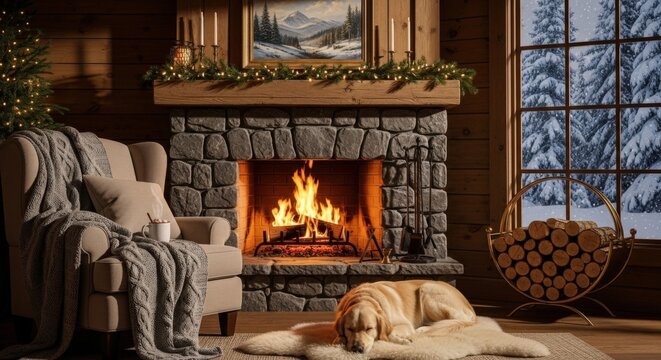 Cozy living room with fireplace, armchair, and dog on a snowy day