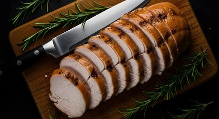 Food: sliced turkey breast with rosemary on cutting board