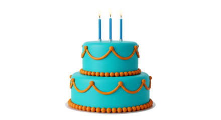 Two Tier Turquoise Birthday Cake, with orange frosting and three lit blue candles, isolated on white or transparent background, PNG