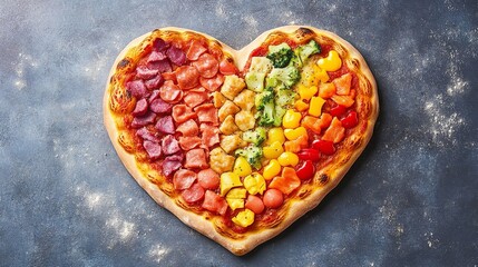 Heart shaped pizza with rainbow toppings on a dark background, a symbol of love and diversity