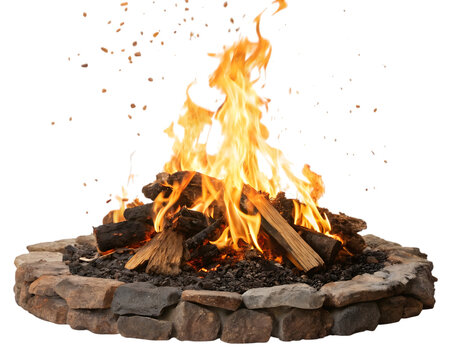 A stone fire pit with burning logs and flames, isolated on transparent background