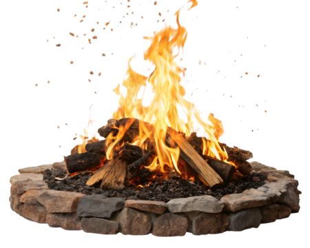 A stone fire pit with burning logs and flames, isolated on transparent background - Powered by Adobe