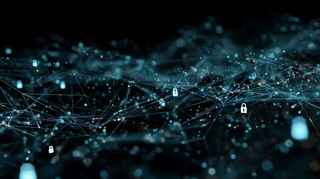 Abstract digital network with glowing blue locks and connections on black technology data