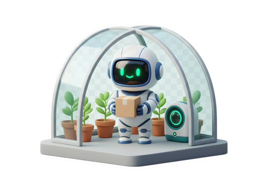 3d illustration of cute robot holding a package inside a greenhouse, isolated on transparent background