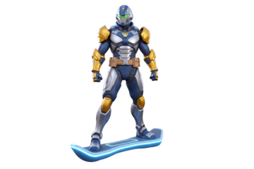 3d illustration of futuristic armored warrior with helmet riding a hoverboard isolated on transparent background