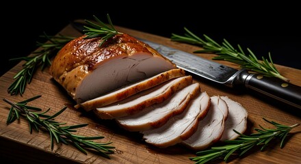Food: sliced roasted turkey with rosemary and knife