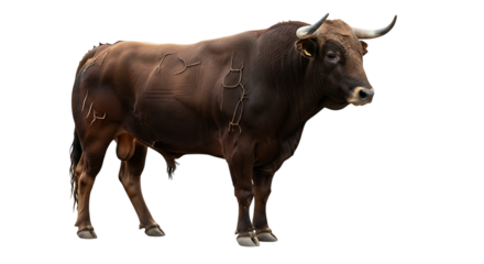 Muscular Brown Bull, with light-colored markings on its flank and horns, isolated on white or transparent background, PNG