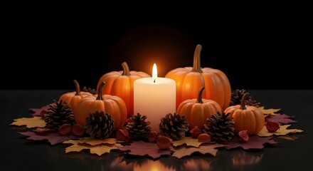 Thanksgiving: pumpkins, candle, and autumn leaves