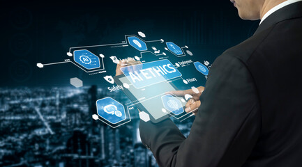 A business professional interacts with a tablet displaying various concepts of ethics in technology, against a modern cityscape, reflecting innovation and digital transformation. Tessel
