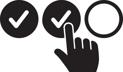 Close up of a hand cursor selecting a checkbox with a checkmark in a series of options on a white background