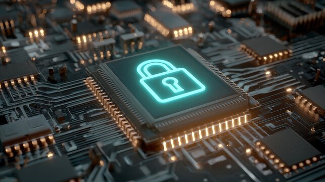 Cyan digital padlock symbol on a computer chip within a circuit board security technology