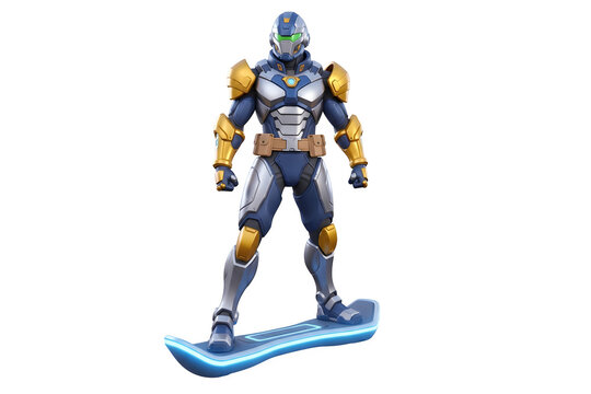 3d illustration of futuristic armored warrior with helmet riding a hoverboard isolated on transparent background