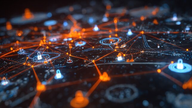 Digital network with glowing locks and connections in blue and orange technology data