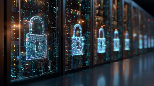 Digital padlock icons composed of glowing binary code on server racks data security cybersecurity