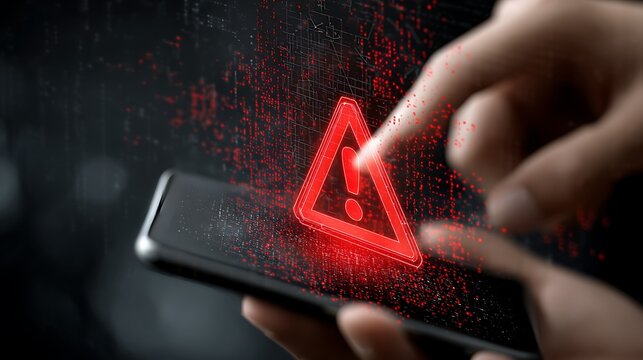 Hand Touching Smartphone Display Showing Red Exclamation Mark Warning Symbol And Digital Data mobile phone - Powered by Adobe