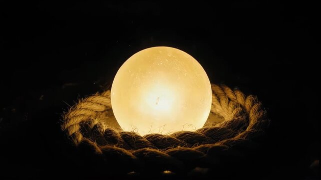 Glowing orb rests in coiled rope, emitting warm light against a dark background