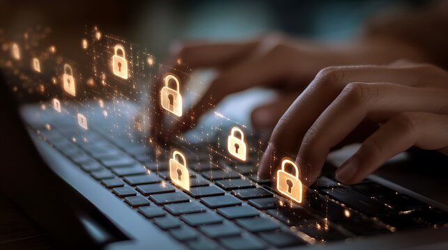 Hands typing on a laptop keyboard with glowing orange padlock icons cybersecurity data protection