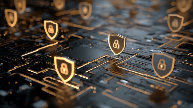 Multiple glowing shield symbols with locks on a dark futuristic circuit board security technology