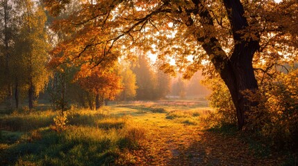 Fototapeta premium Sunlight pours through colorful autumn leaves in a tranquil park creating a peaceful atmosphere.