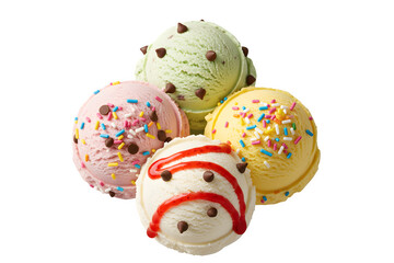 Four scoops of ice cream isolated on transparent background