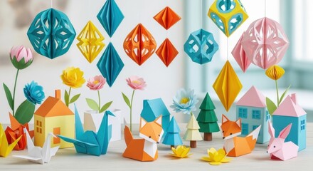 Colorful origami and paper crafts including animals, houses, and geometric shapes