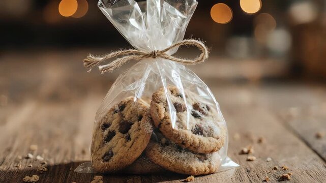 Cookies in a clear bag tied with twine, on a rustic wood table