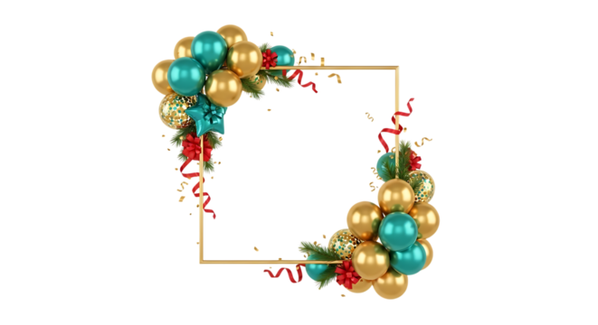 Golden Square Frame, decorated with teal and gold balloons, pine sprigs and red ribbons, isolated on white or transparent background, PNG