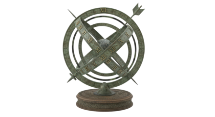 Aged armillary sphere with roman numerals, antique science tool isolated on transparent background
