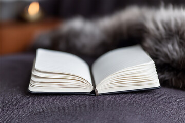 Open book on a soft surface with cozy, warm lighting, creating a relaxing and peaceful atmosphere for reading or contemplation.