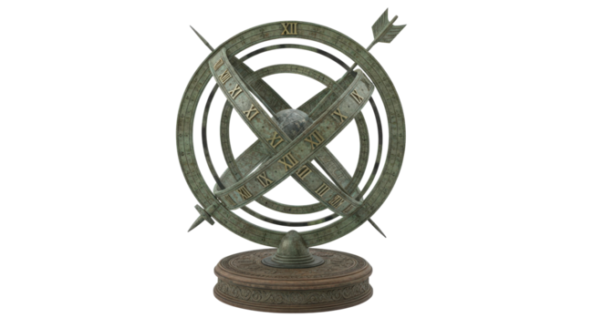 Aged armillary sphere with roman numerals, antique science tool isolated on transparent background