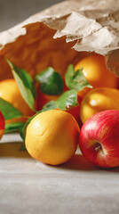 Fresh fruits like apples and oranges in a paper bag, highlighting healthy living, organic produce, and wholesome lifestyle choices.