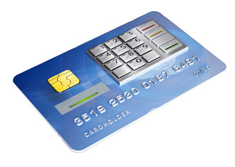 Fictitious credit card with ATM keypad isolated on transparent background. 3D illustration