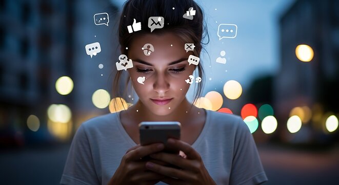 Woman interacting with social media on phone in urban setting