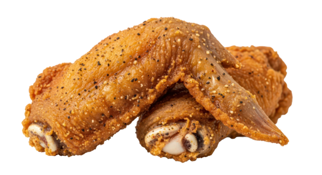 Crispy golden fried chicken wings with black pepper seasoning. isolated on transparent background