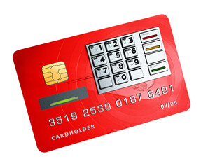 Fictitious credit card with ATM keypad isolated on transparent background. 3D illustration