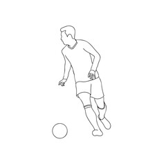 Continuous line drawing of a football player. man playing soccer ball template. Line art soccer player with ball illustration vector hand drawn isolated on white background.	