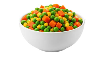 Fresh vibrant mixed vegetables: peas, corn, carrots in white bowl isolated on transparent background