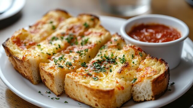 Three slices of cheesy garlic bread with marinara sauce on a white plate on a blurred background