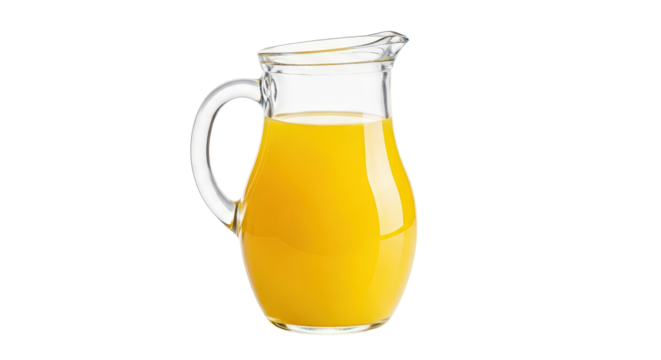 Bright orange juice in a clear glass pitcher, refreshing drink isolated on transparent background