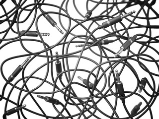 Abstract background with tangled audio cables with jacks isolated on transparent background. 3D illustration