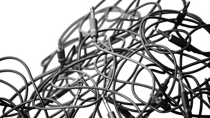 Fototapeta na wymiar Abstract background with tangled audio cables with jacks isolated on transparent background. 3D illustration