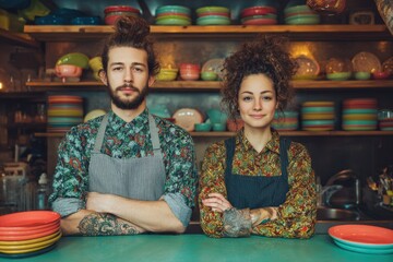 Local Business Owners: Two dedicated business owners pose confidently behind their counter, embodying the essence of entrepreneurship and hospitality in their vibrant, welcoming space.