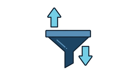 Simple blue funnel icon with upward and downward pointing arrows displayed