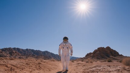 Astronaut in a white space suit walking through a rocky terrain under a bright sun, showcasing a field test environment on Earth with a stunning landscape