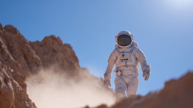 Astronaut in a white suit exploring a rocky terrain, dust rising around, showcasing a field test on Earth in a Mars-like environment with clear blue sky